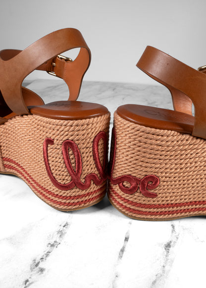 Chloé Tan Leather Lilli Rope Wedge Platform Sandals