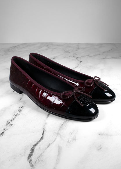 Chanel Burgundy Croc-Embossed Patent Leather Ballerina Flats