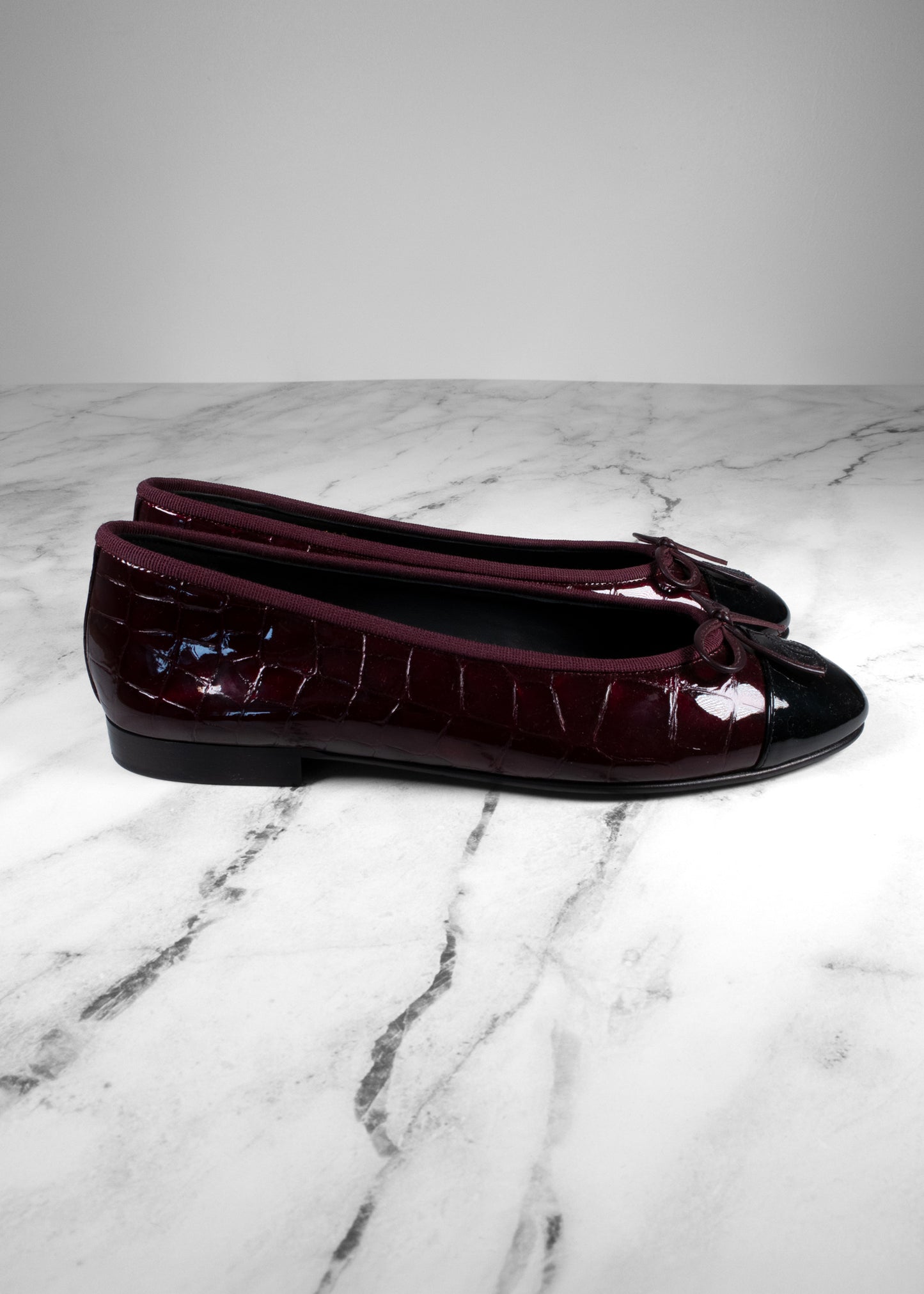 Chanel Burgundy Croc-Embossed Patent Leather Ballerina Flats