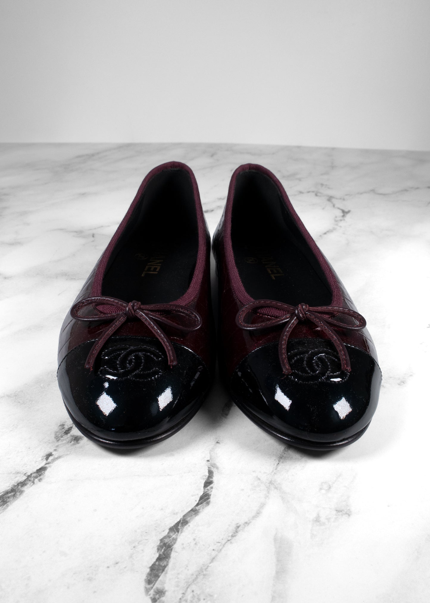 Chanel Burgundy Croc-Embossed Patent Leather Ballerina Flats