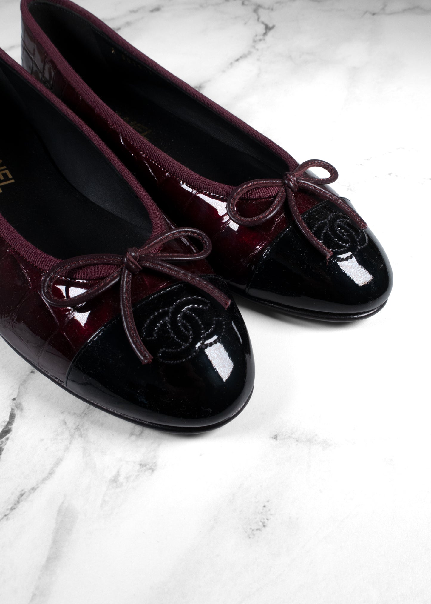Chanel Burgundy Croc-Embossed Patent Leather Ballerina Flats