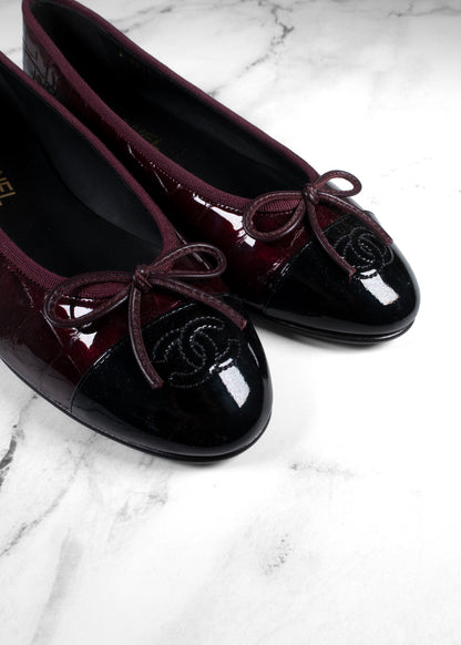 Chanel Burgundy Croc-Embossed Patent Leather Ballerina Flats