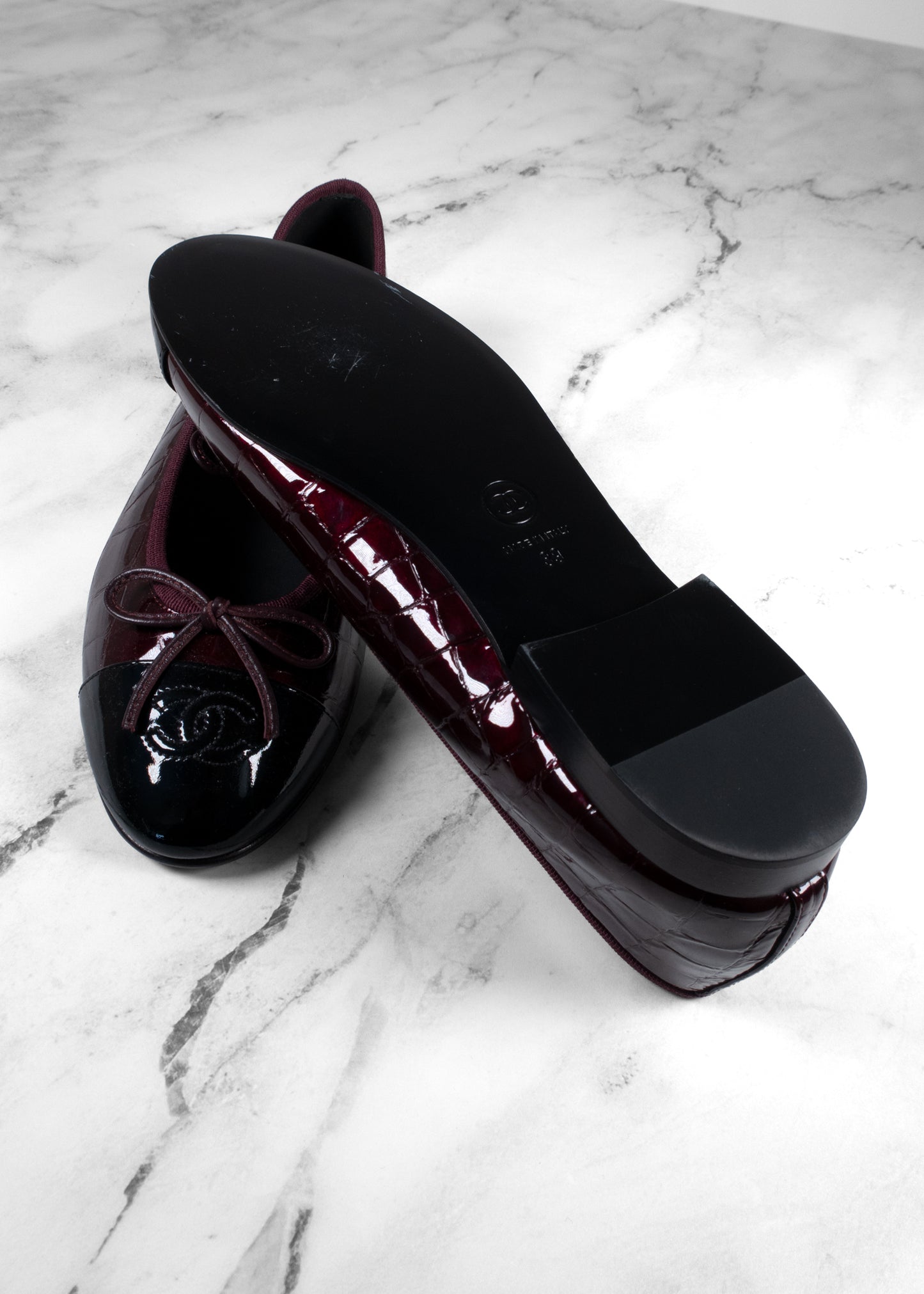 Chanel Burgundy Croc-Embossed Patent Leather Ballerina Flats