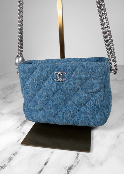 Chanel Camellia Quilted Denim Small Flap Bag Blue