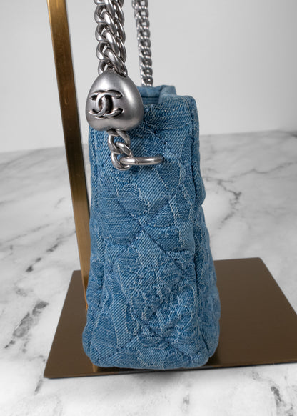 Chanel Camellia Quilted Denim Small Flap Bag Blue
