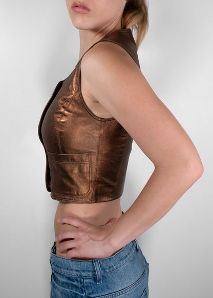 Chanel Vintage Fall 1994 Metallic Bronze Leather Cropped Vest