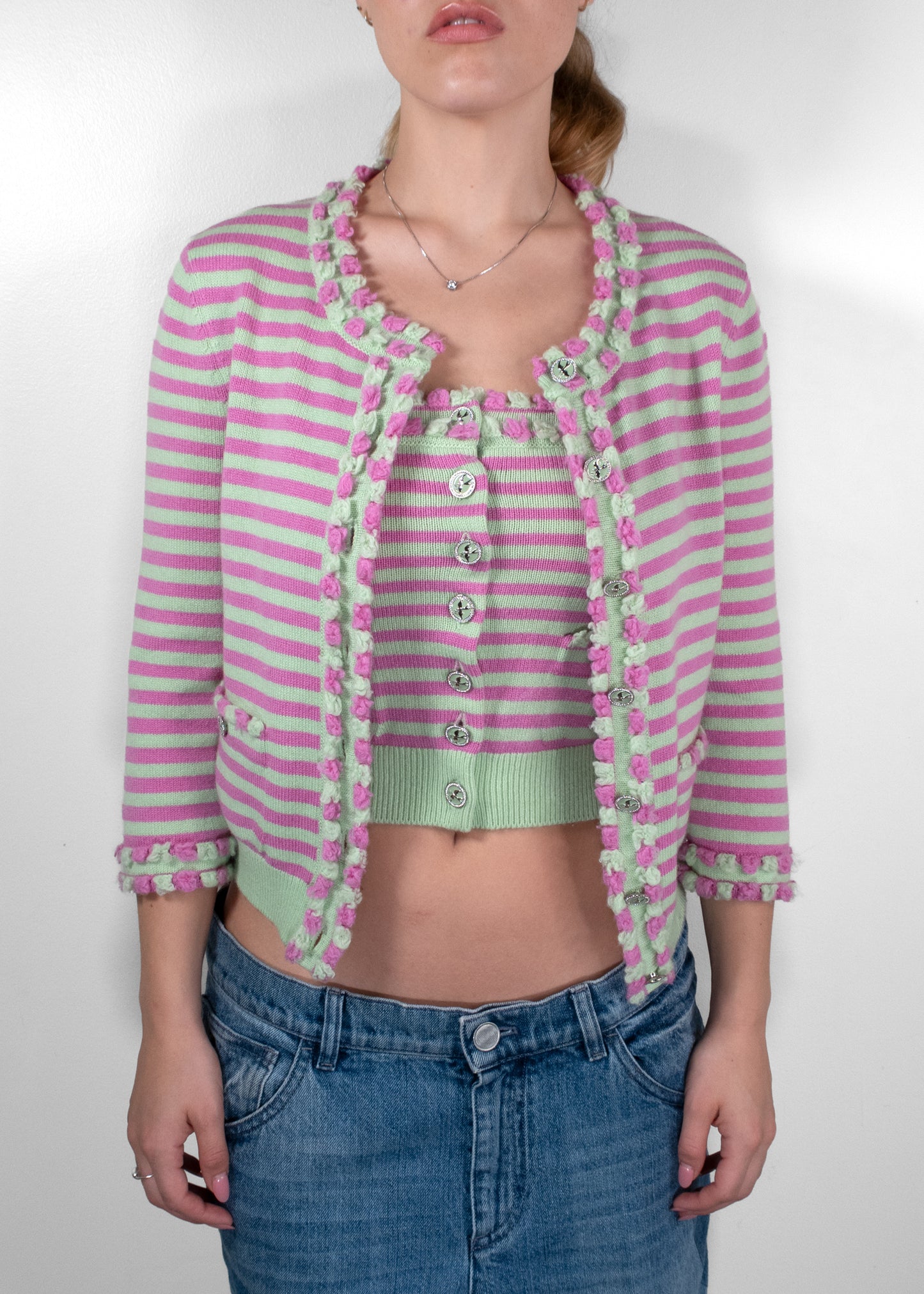 Chanel Vintage Spring 2004 Striped Knit Twinset (Cardigan & Tube Top)