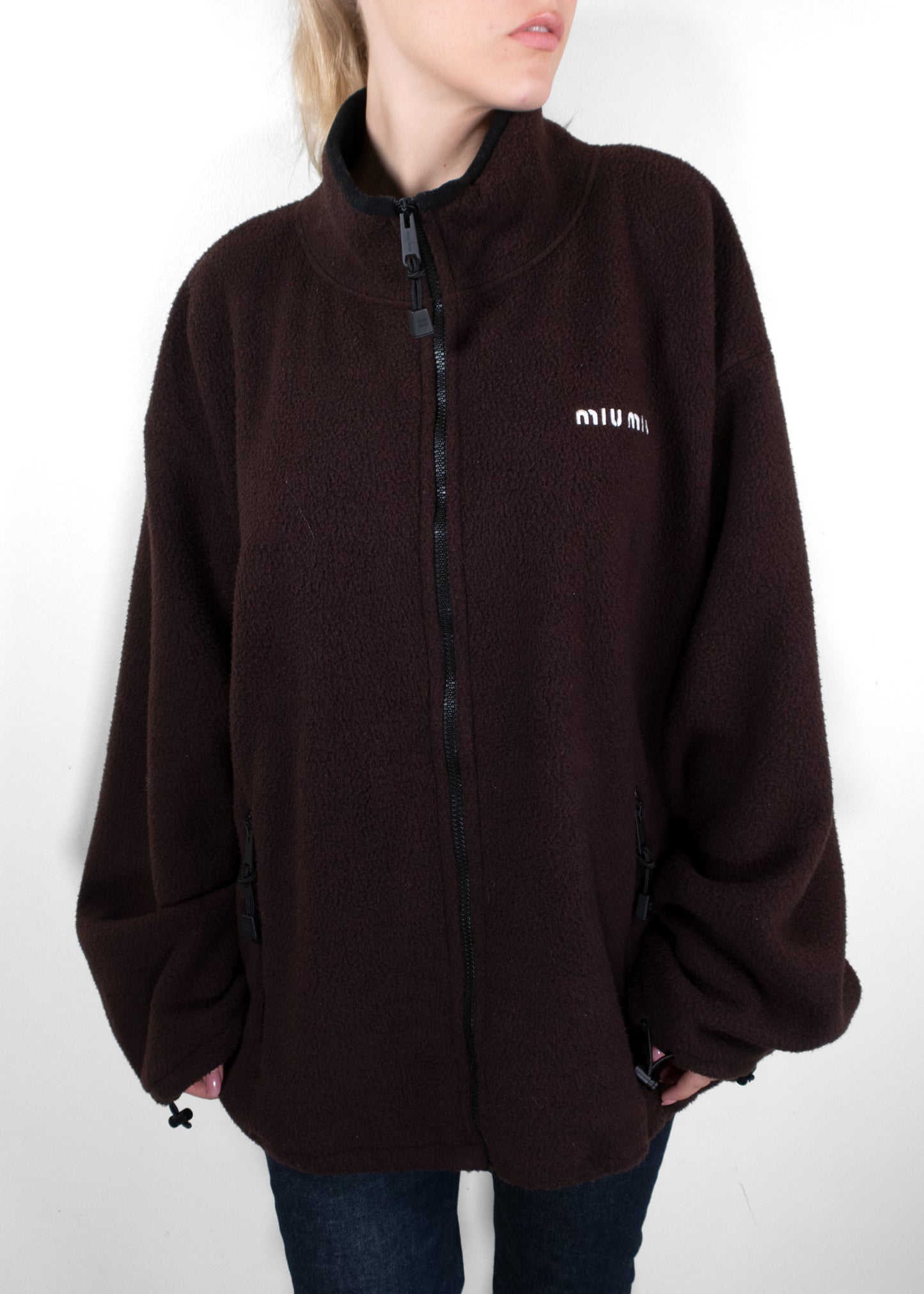 Miu Miu Ebony Brown Oversized Fleece Zipper Jacket