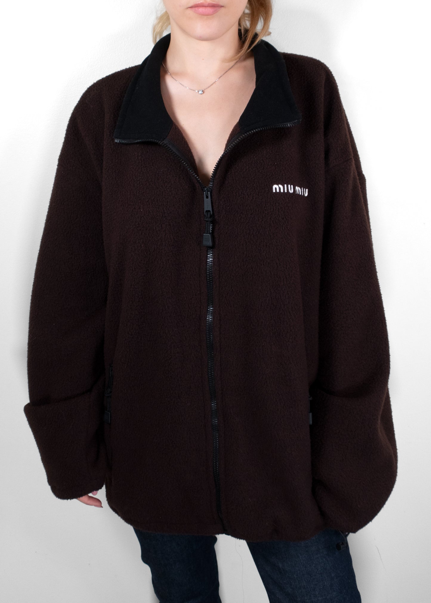 Miu Miu Ebony Brown Oversized Fleece Zipper Jacket