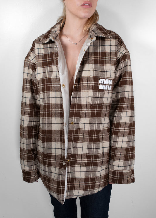 Miu Miu Brown Plaid Oversized Wool-Blend Overshirt Jacket