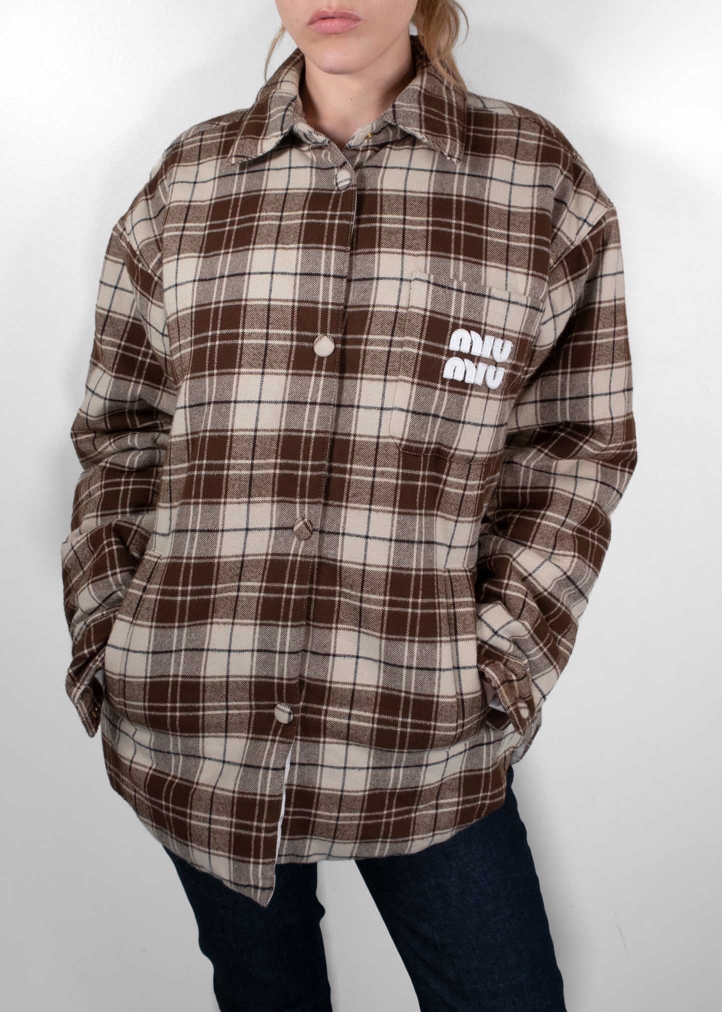 Miu Miu Brown Plaid Oversized Wool-Blend Overshirt Jacket