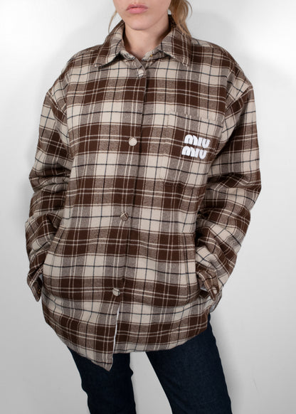 Miu Miu Brown Plaid Oversized Wool-Blend Overshirt Jacket