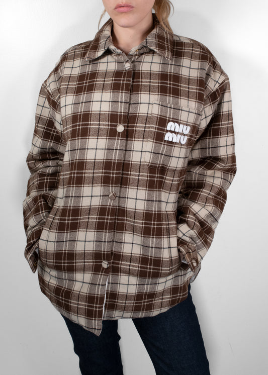 Miu Miu Brown Plaid Oversized Wool-Blend Overshirt Jacket