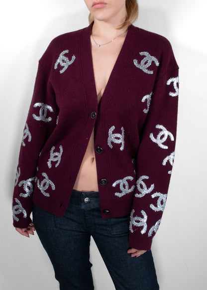 Chanel Vintage 22A Métiers d'Art Burgundy All-Over Silver CC Logo Cardigan