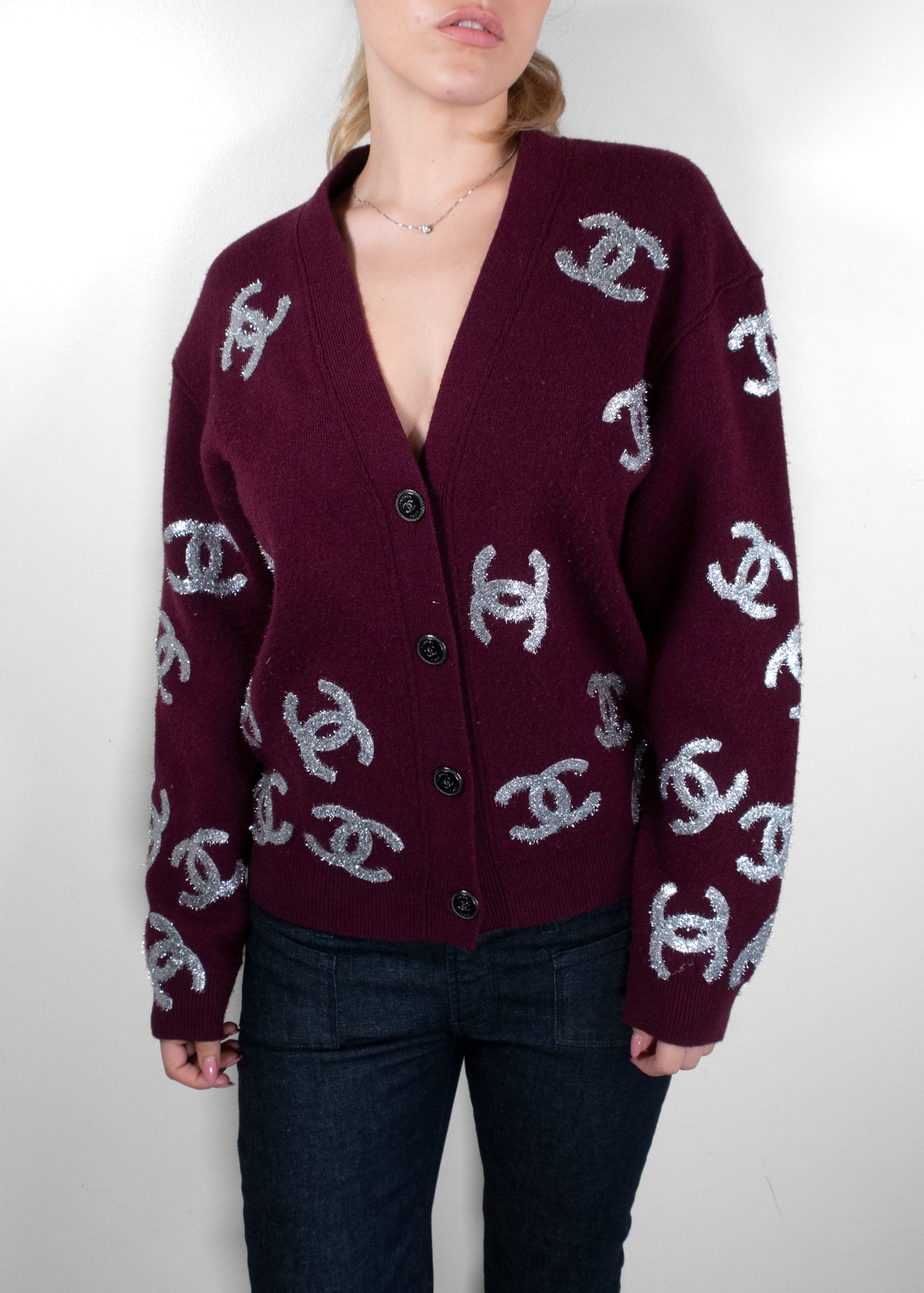 Chanel Vintage 22A Métiers d'Art Burgundy All-Over Silver CC Logo Cardigan