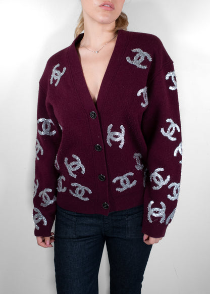 Chanel Vintage 22A Métiers d'Art Burgundy All-Over Silver CC Logo Cardigan