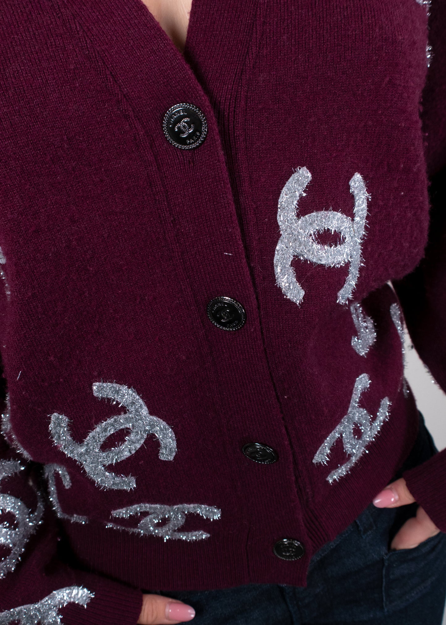 Chanel Vintage 22A Métiers d'Art Burgundy All-Over Silver CC Logo Cardigan