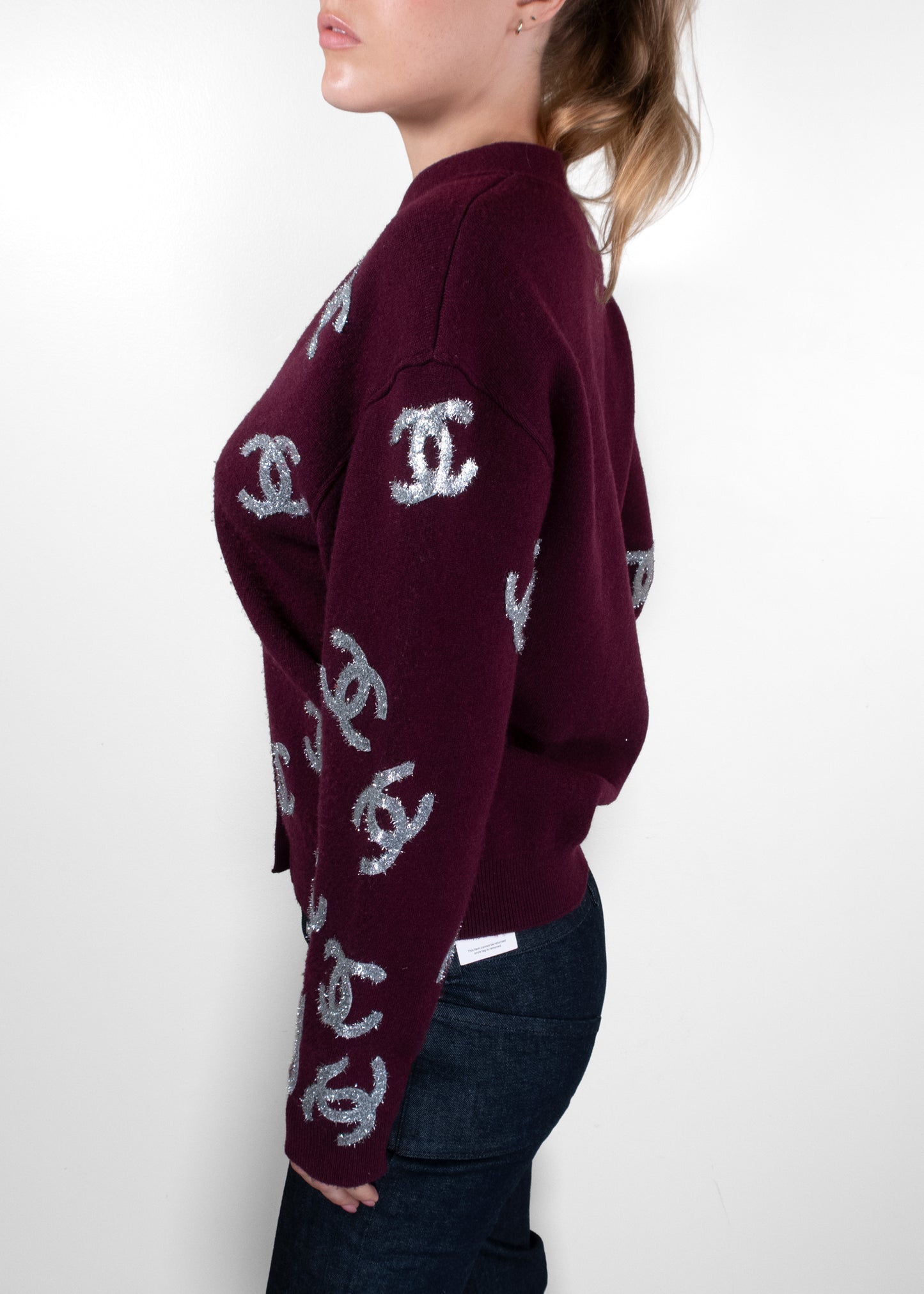 Chanel Vintage 22A Métiers d'Art Burgundy All-Over Silver CC Logo Cardigan