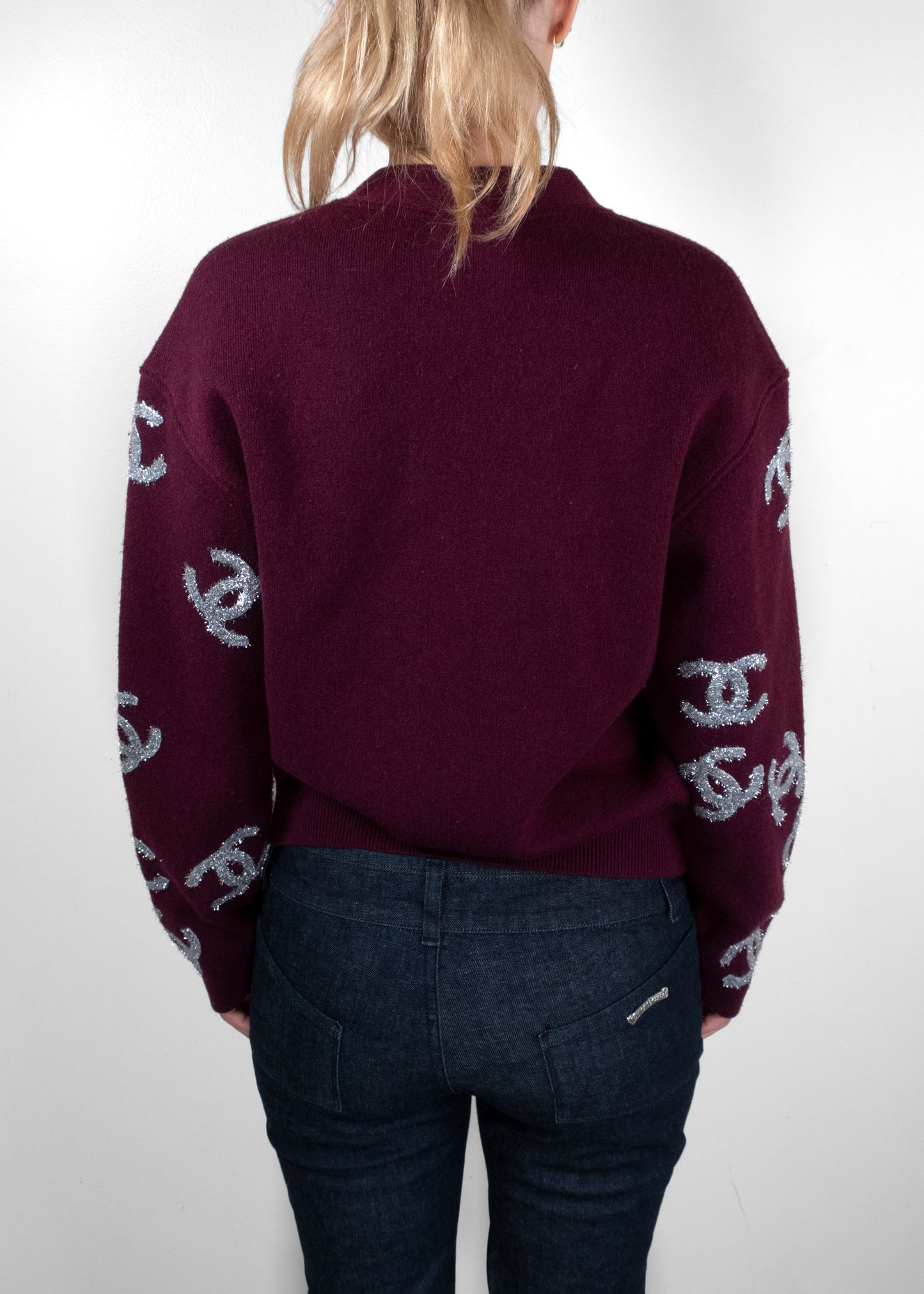Chanel Vintage 22A Métiers d'Art Burgundy All-Over Silver CC Logo Cardigan