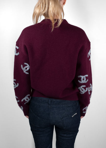 Chanel Vintage 22A Métiers d'Art Burgundy All-Over Silver CC Logo Cardigan
