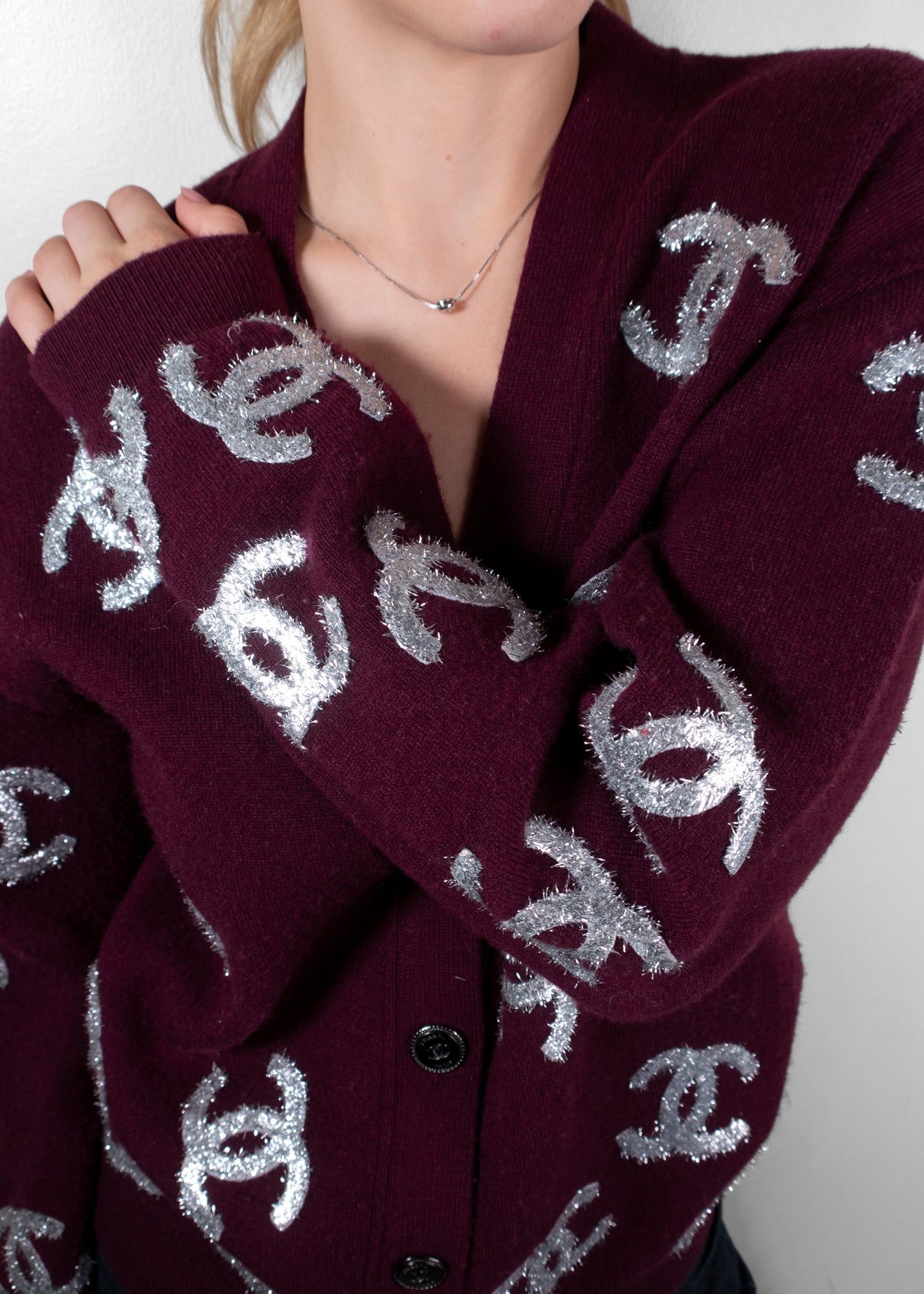 Chanel Vintage 22A Métiers d'Art Burgundy All-Over Silver CC Logo Cardigan