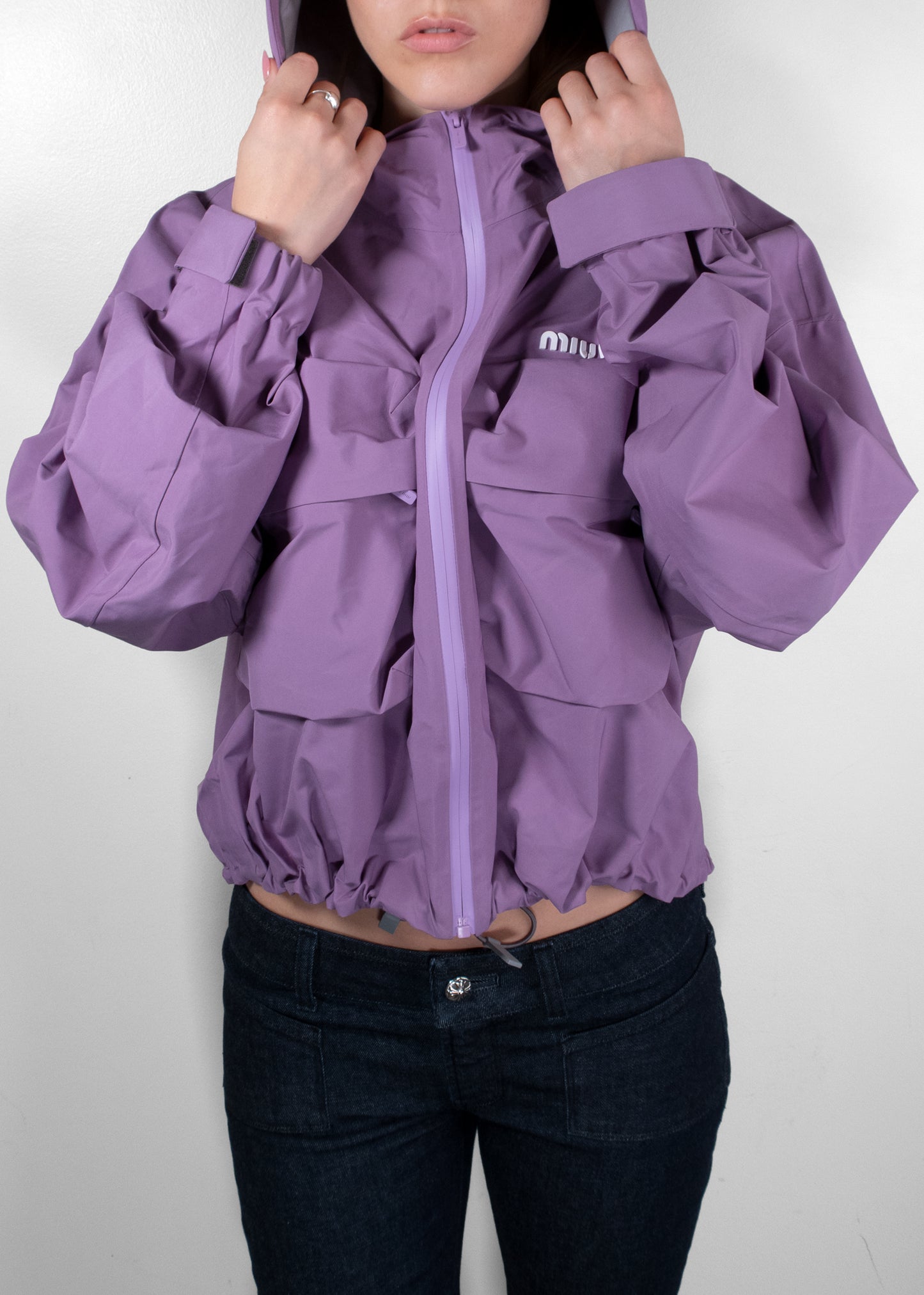 Miu Miu Lilac Tec Canvas Hooded Blouson Utility Jacket