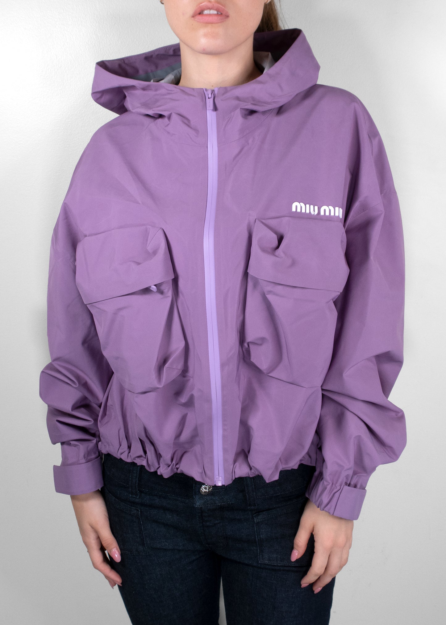 Miu Miu Lilac Tec Canvas Hooded Blouson Utility Jacket