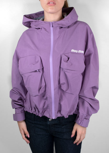 Miu Miu Lilac Tec Canvas Hooded Blouson Utility Jacket