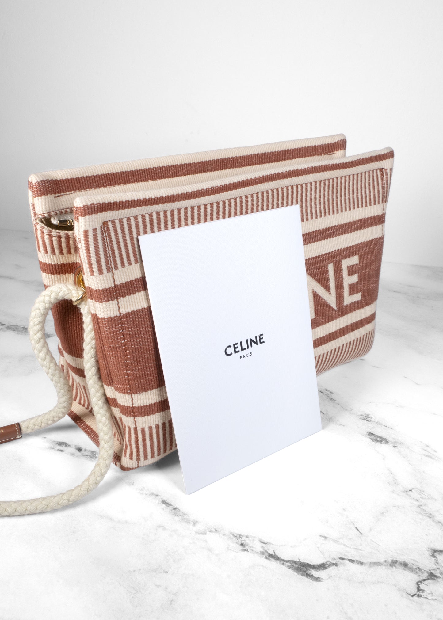 Celine Triomphe Stripe Zip Top Pouch Clutch