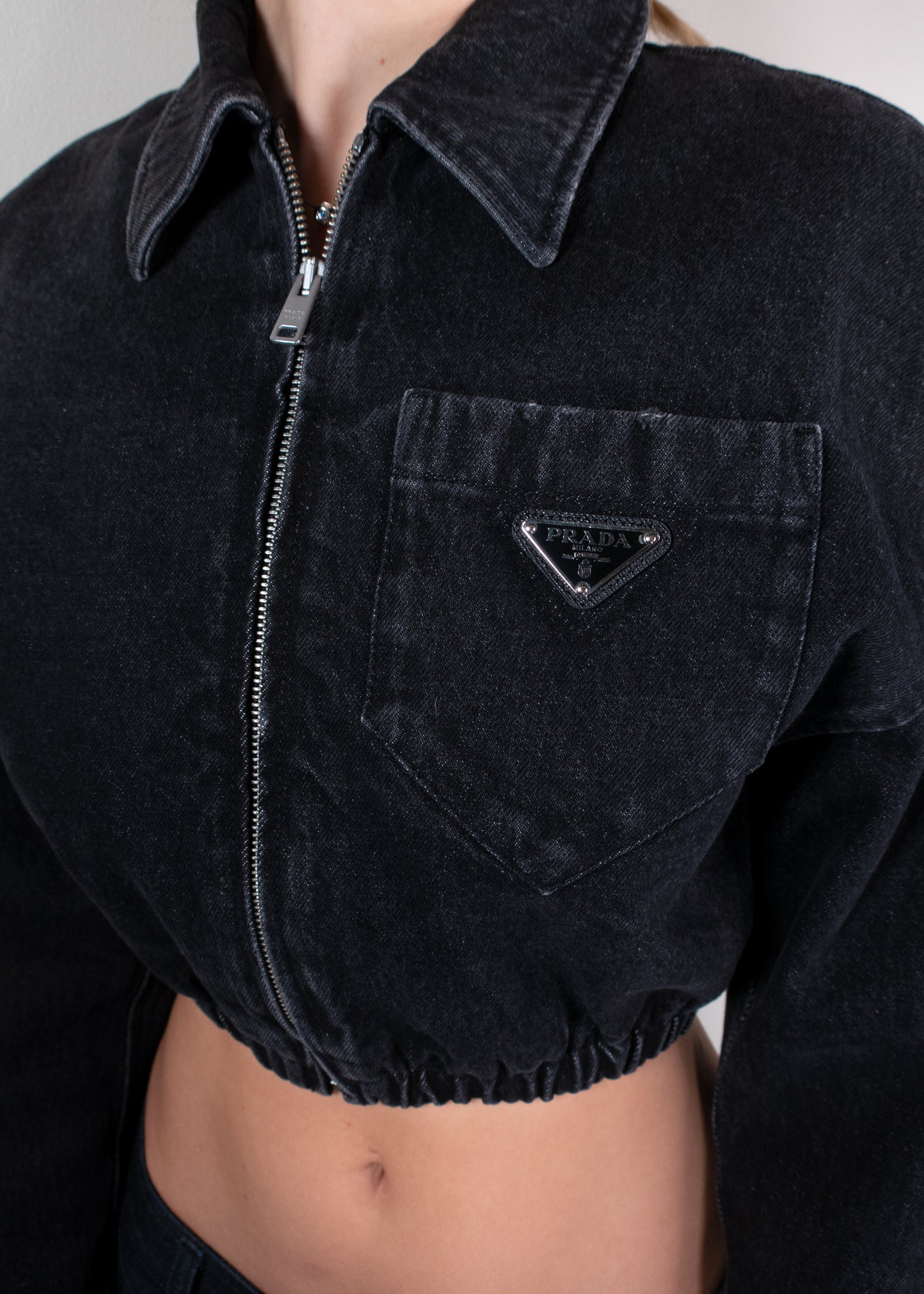 Prada Cropped Washed Denim Blouson Jacket