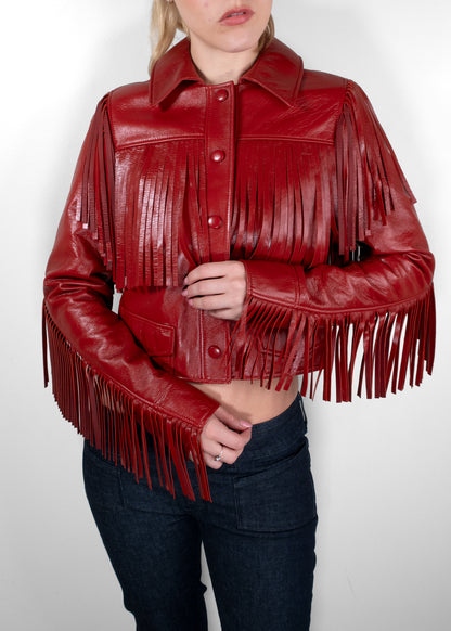 Chloé Fringed Glossed Leather Cropped Jacket in Red