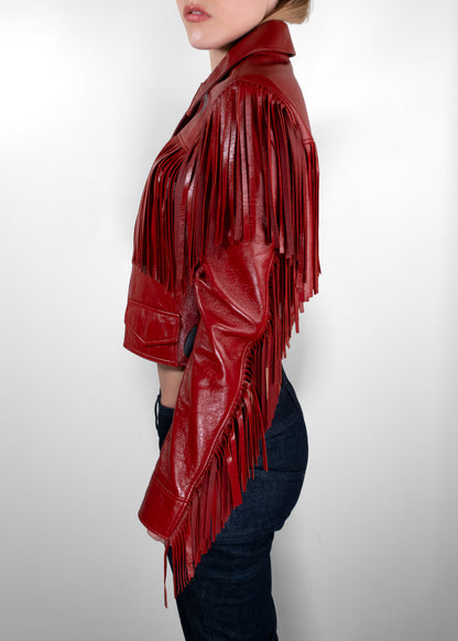 Chloé Fringed Glossed Leather Cropped Jacket in Red