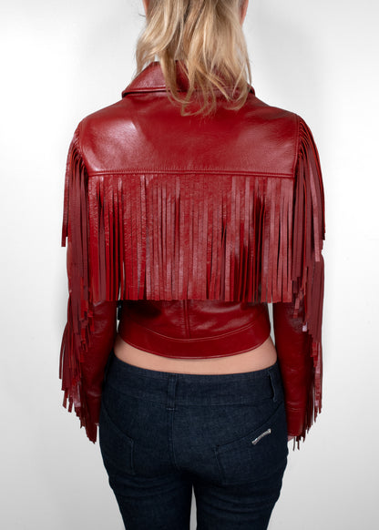 Chloé Fringed Glossed Leather Cropped Jacket in Red