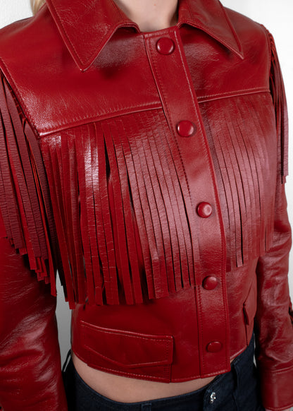 Chloé Fringed Glossed Leather Cropped Jacket in Red