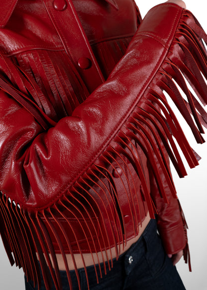 Chloé Fringed Glossed Leather Cropped Jacket in Red