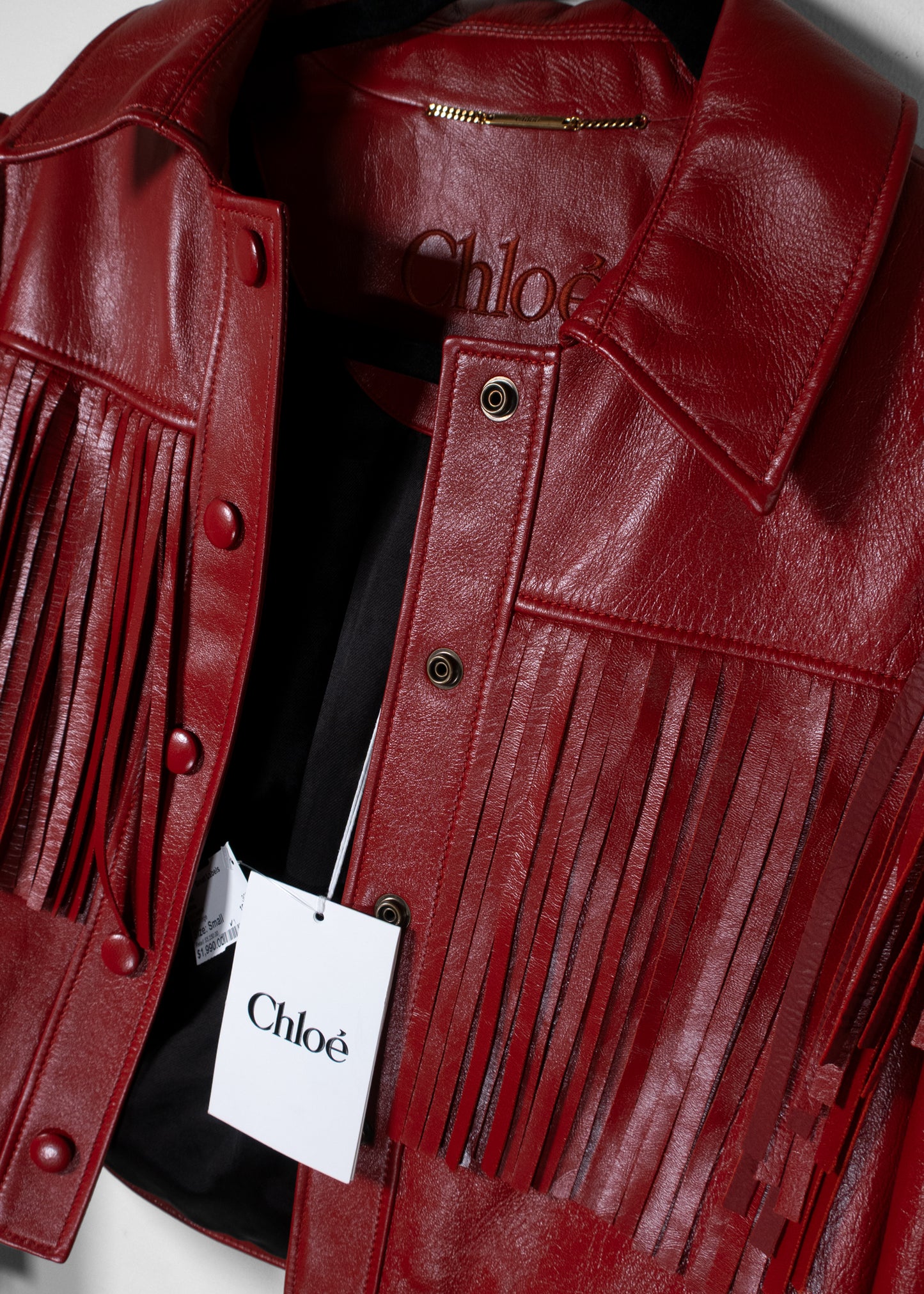 Chloé Fringed Glossed Leather Cropped Jacket in Red