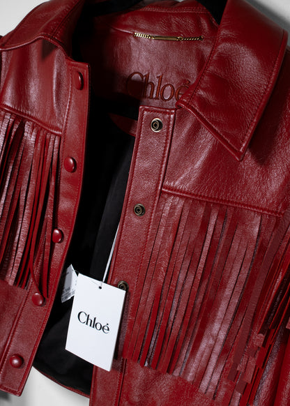 Chloé Fringed Glossed Leather Cropped Jacket in Red