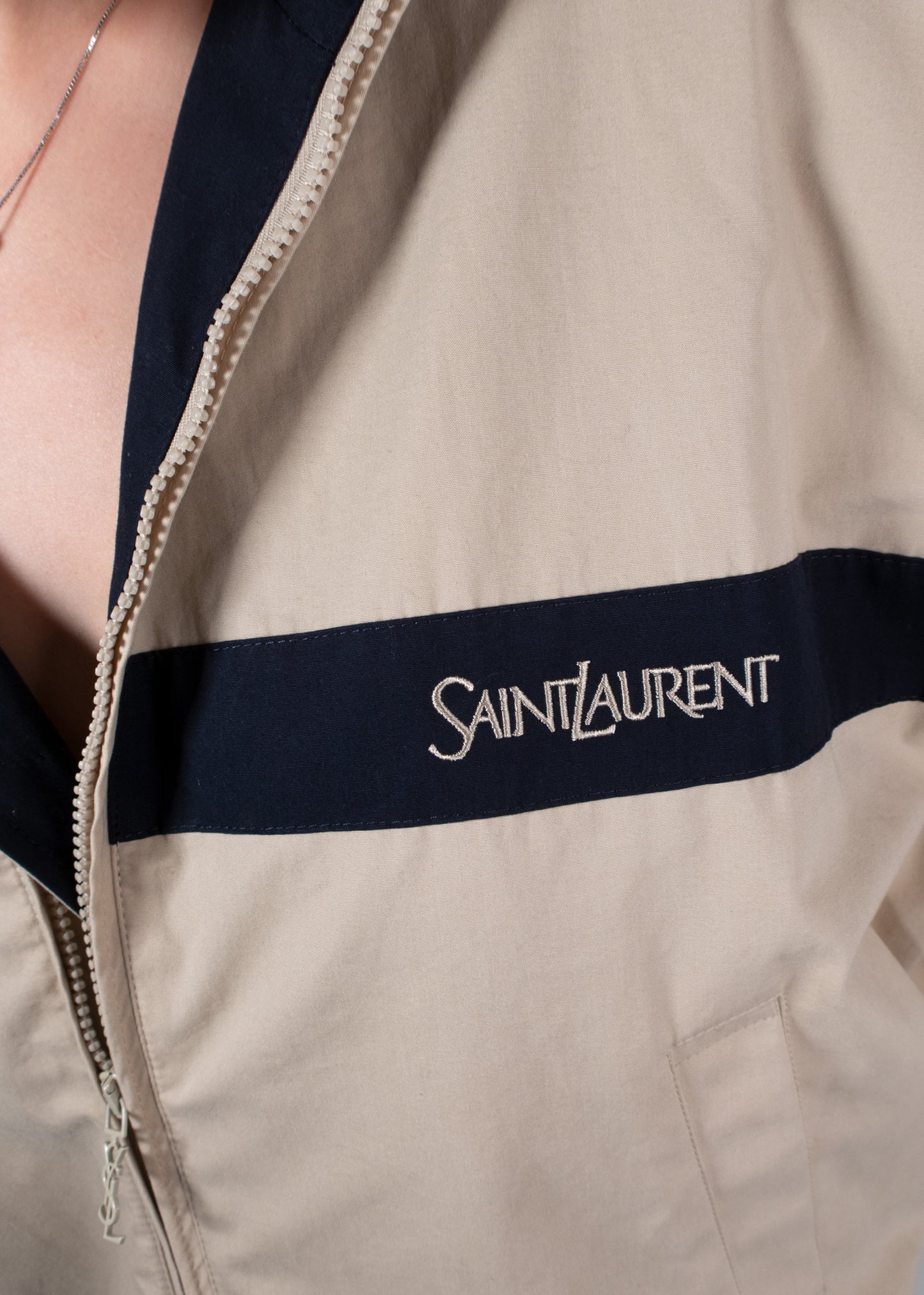 Saint Laurent Beige and Navy Color-Block Cotton Canvas Logo Jacket
