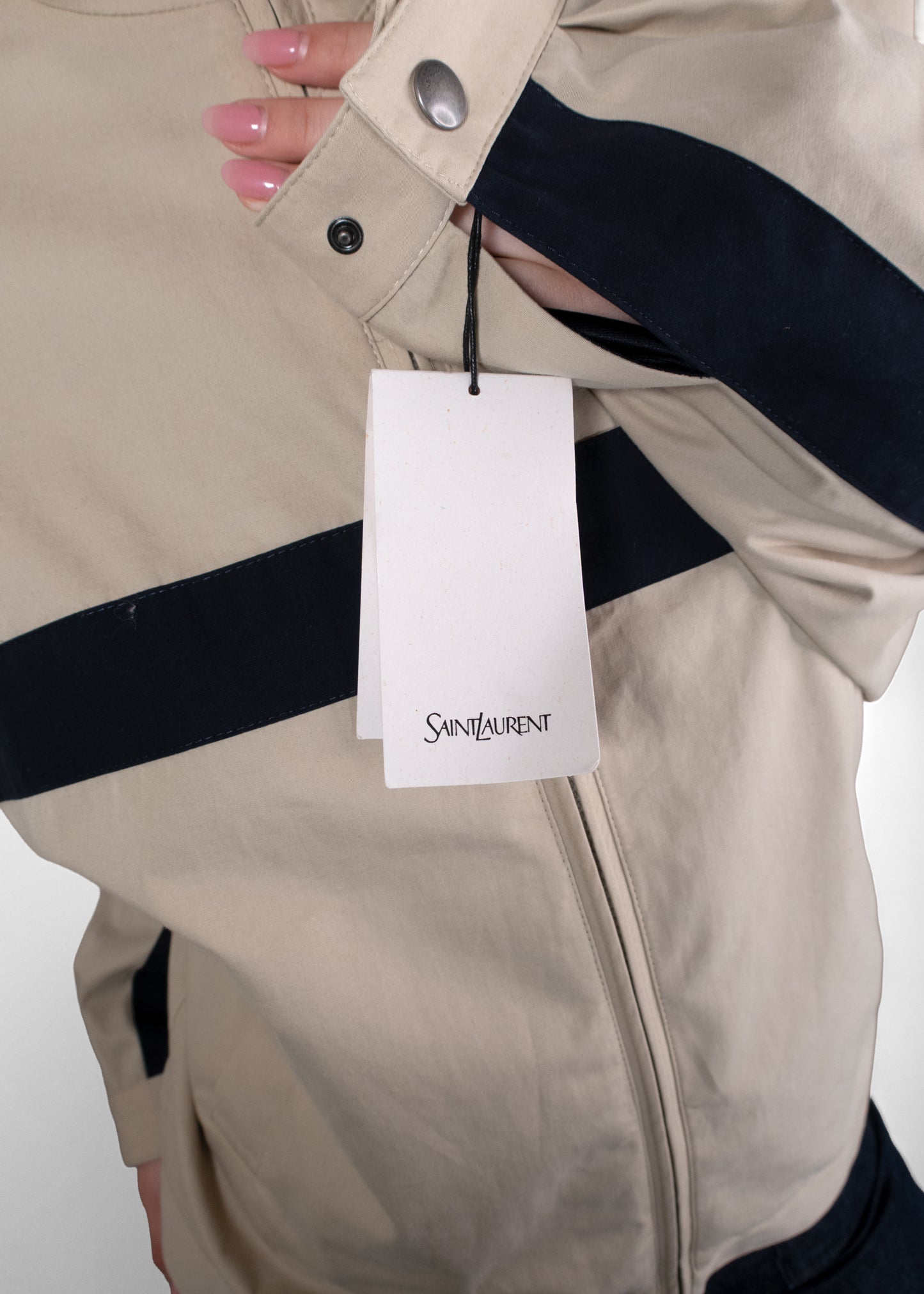 Saint Laurent Beige and Navy Color-Block Cotton Canvas Logo Jacket