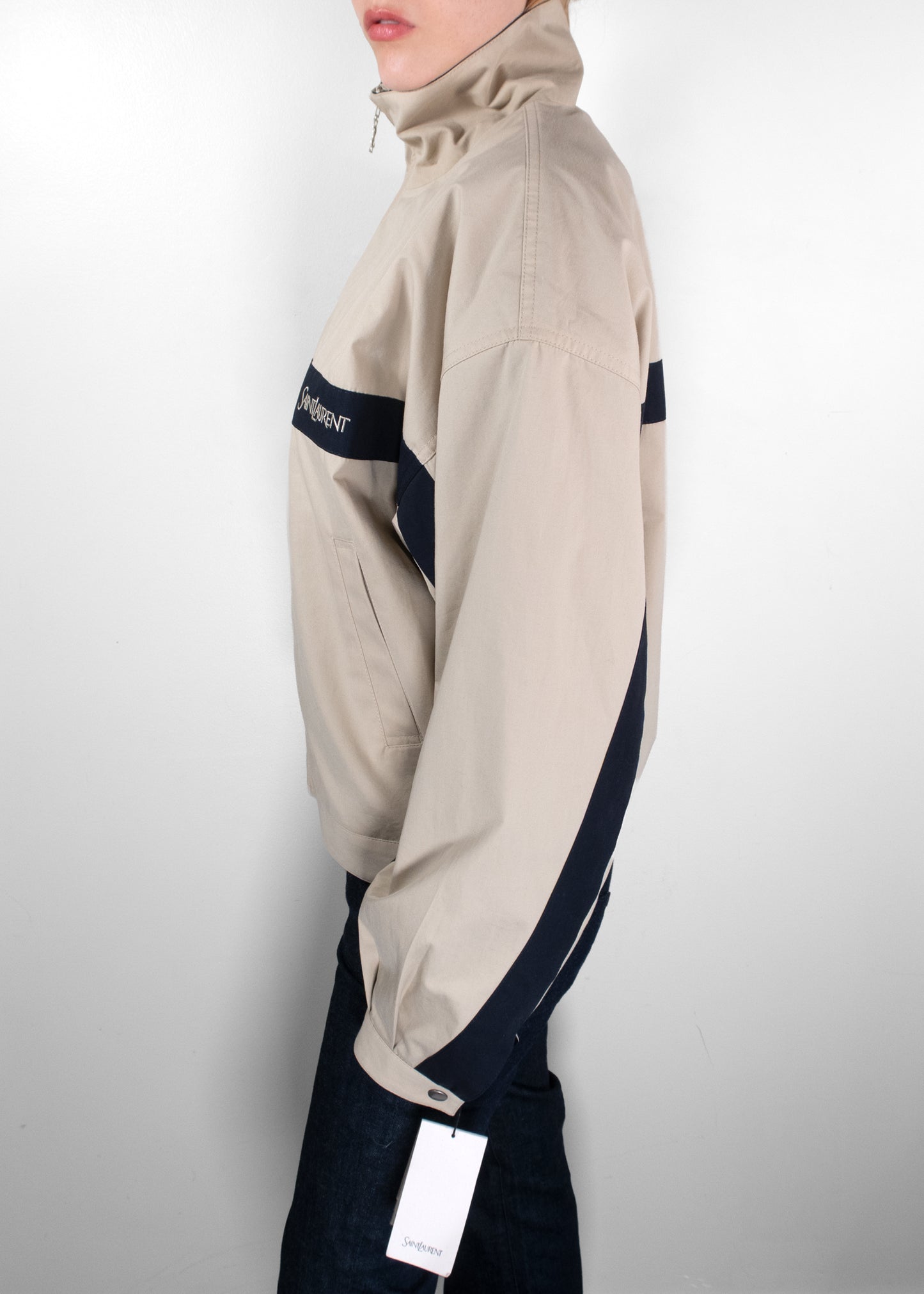 Saint Laurent Beige and Navy Color-Block Cotton Canvas Logo Jacket