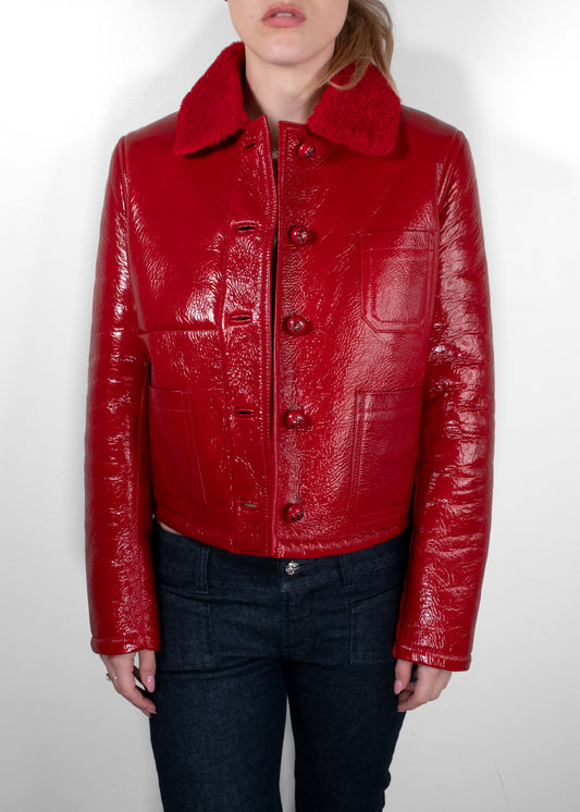 Dior Red Glossed Crinkled Leather Shearling Collar Cropped Jacket