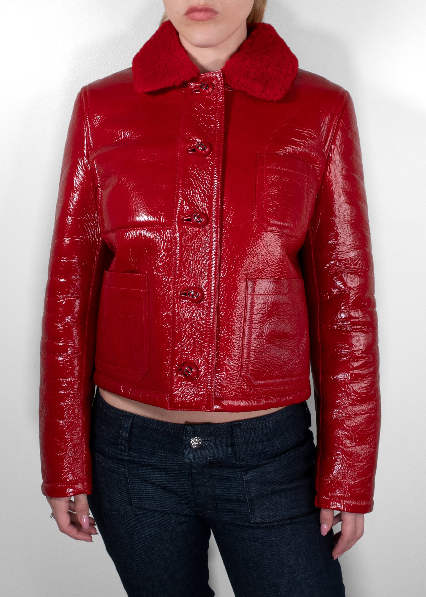 Dior Red Glossed Crinkled Leather Shearling Collar Cropped Jacket