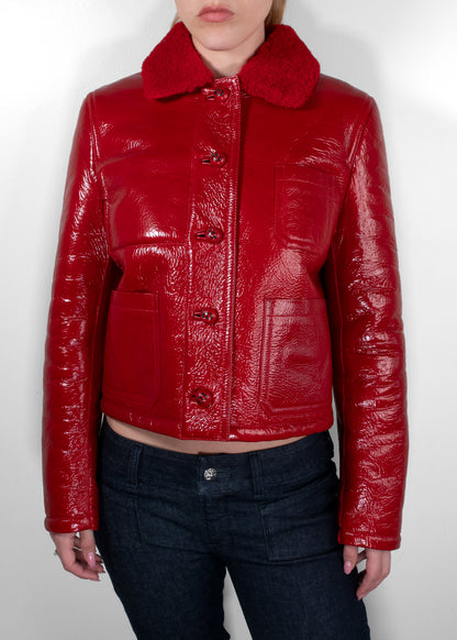 Dior Red Glossed Crinkled Leather Shearling Collar Cropped Jacket