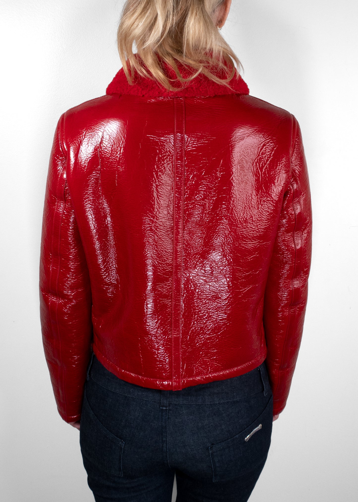Dior Red Glossed Crinkled Leather Shearling Collar Cropped Jacket