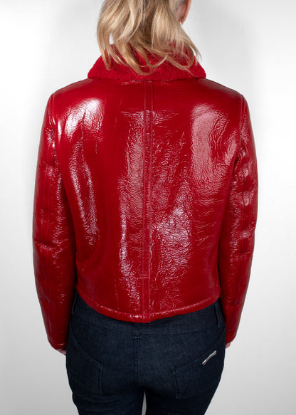 Dior Red Glossed Crinkled Leather Shearling Collar Cropped Jacket