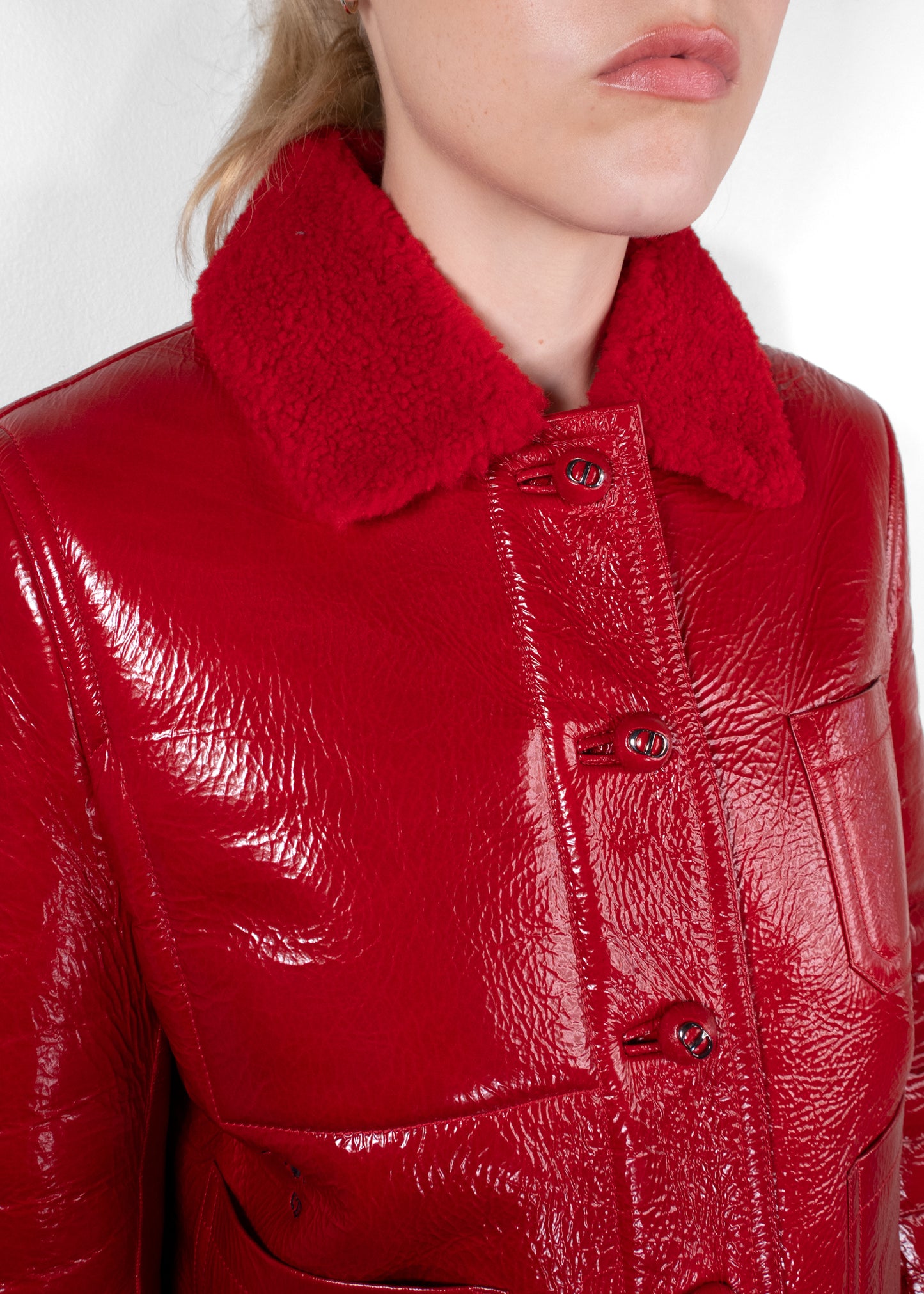 Dior Red Glossed Crinkled Leather Shearling Collar Cropped Jacket