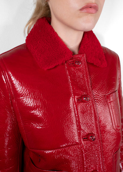 Dior Red Glossed Crinkled Leather Shearling Collar Cropped Jacket