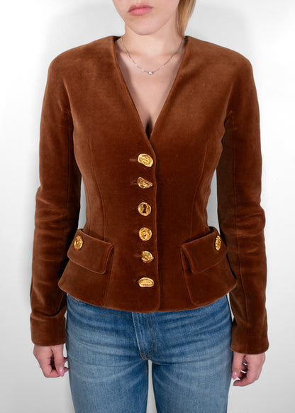 Schiaparelli Brown Velvet Tailored Jacket with Sculpted Bijoux Buttons