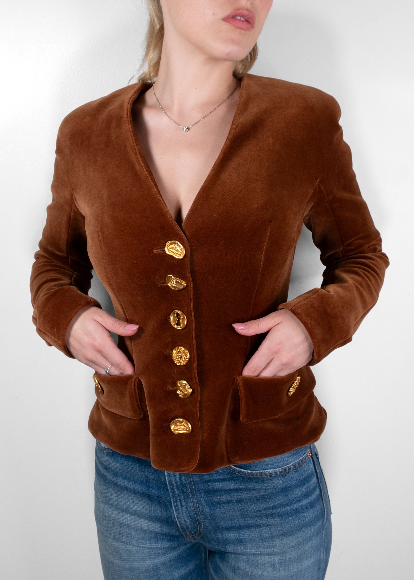 Schiaparelli Brown Velvet Tailored Jacket with Sculpted Bijoux Buttons