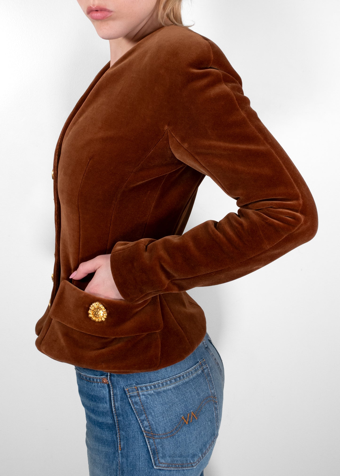 Schiaparelli Brown Velvet Tailored Jacket with Sculpted Bijoux Buttons